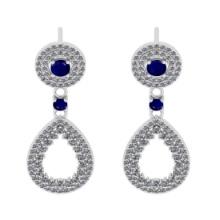 1.71 Ctw VS/SI1 blue Sapphire and Diamond 14K White Gold Dangling Earrings (ALL DIAMOND ARE LAB GROW