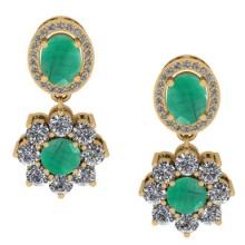 4.32 CtwVS/SI1 Emerald And Diamond 14K Yellow Gold Dangling Earrings( ALL DIAMOND ARE LAB GROWN )