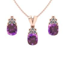 7.95 Ctw VS/SI1 Amethyst and Diamond 14K Rose Gold Pendant +Earrings Necklace Set (ALL DIAMOND ARE L
