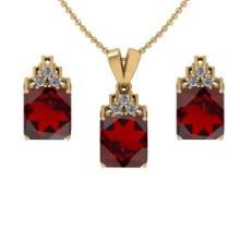 5.00 Ctw VS/SI1 Garnet and Diamond 14K Yellow Gold Pendant +Earrings Necklace Set (ALL DIAMOND ARE L
