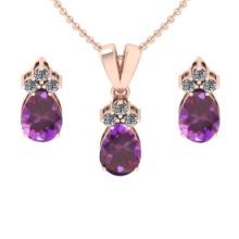 4.15 Ctw VS/SI1 Amethyst and Diamond 14K Rose Gold Pendant +Earrings Necklace Set (ALL DIAMOND ARE L