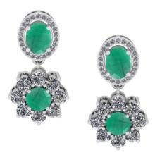 4.32 CtwVS/SI1 Emerald And Diamond 14K White Gold Dangling Earrings( ALL DIAMOND ARE LAB GROWN )