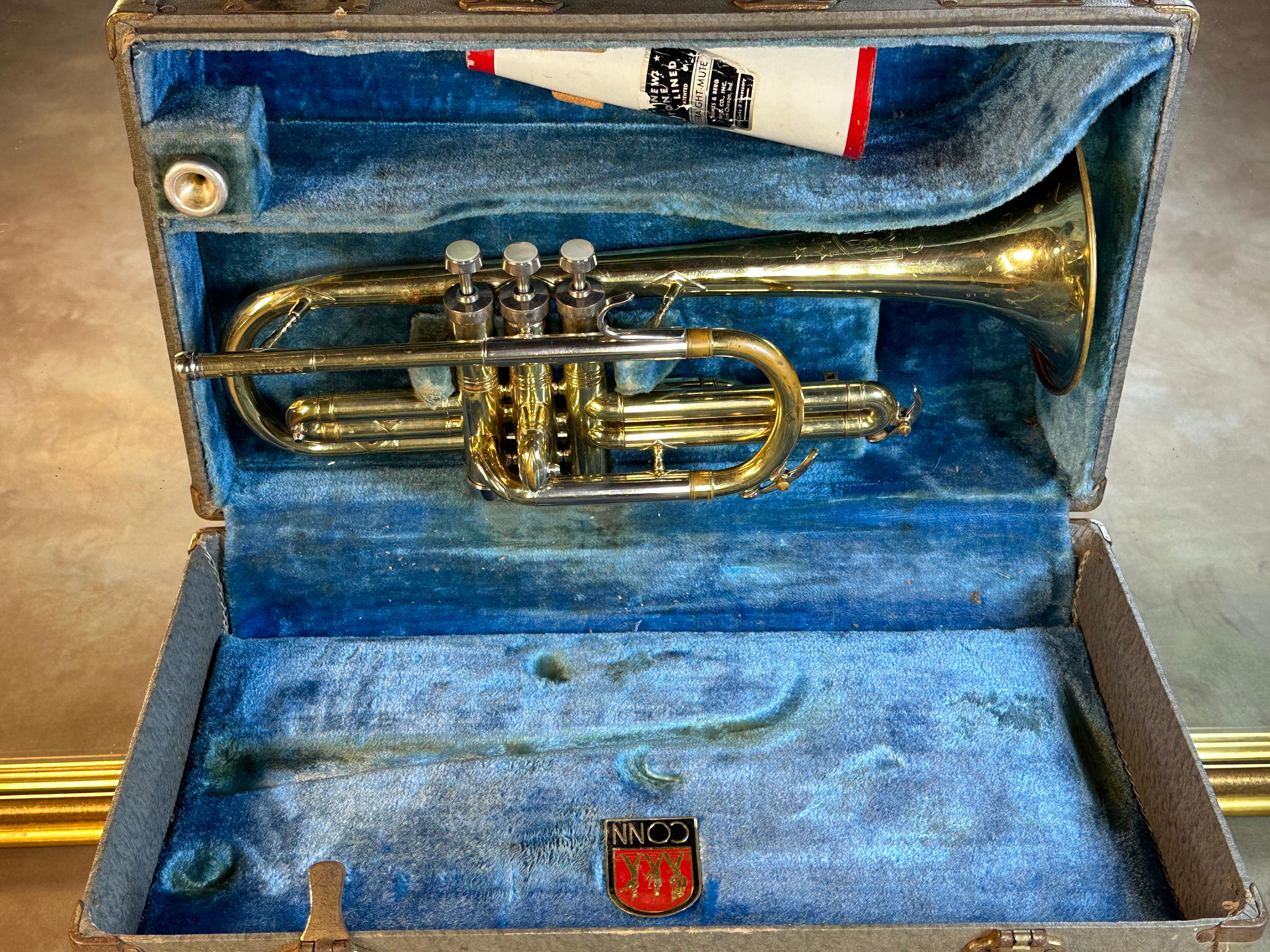 Conn Director Brass Cornet with Blue Velvet Lined Case and Mute