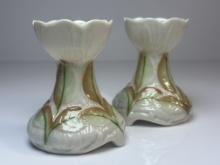 (2) Belleek Irish Elm Leaf Painted Spill Vases