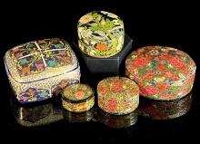 Five Hand-Painted Paper Mache Boxes