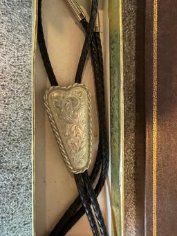 VINTAGE STERLING SILVER CHASED METAL BOLO TIE - FRITCH BROTHERS SILVERSMITHS