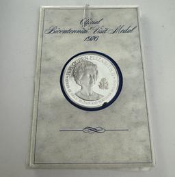 1976 STERLING SILVER MEDAL - QUEEN ELIZABETH II OFFICIAL BICENTENNIAL VISIT TO USA - CERTIFIED