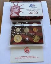 2000 UNITED STATES MINT SILVER PROOF SET COINS - CERTIFCATE OF AUTHENTICITY
