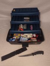 Tackle box with tackle and knife, boat flag, propeller hub assembly and propeller wrench