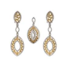 14k White & Gold Dangle Earrings Matching Pendant