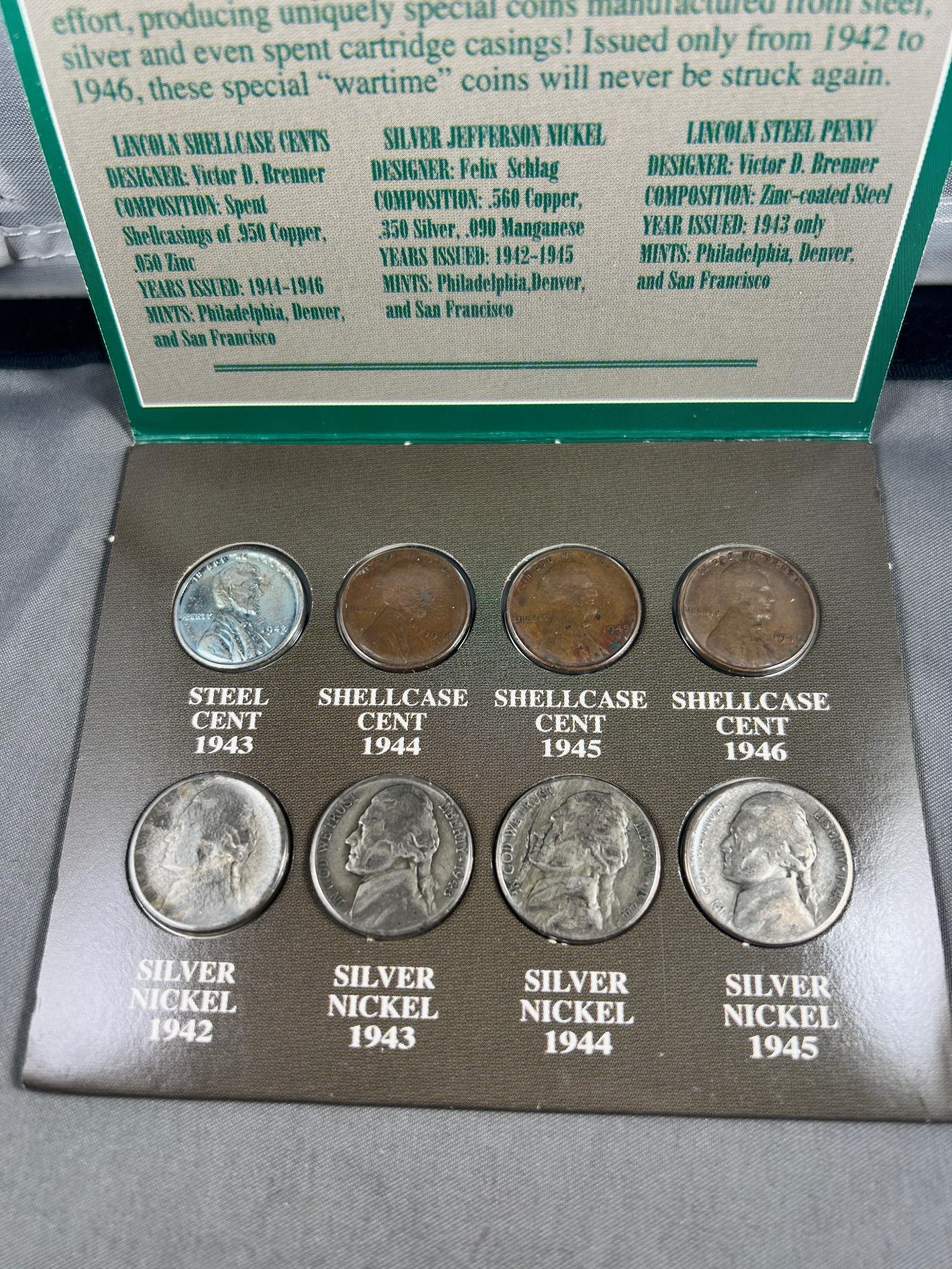 The Coins that helped win World War 2 set, Steel cent, Shell Casing cents and 35% Silver Nickels