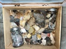 LOCAL PICKUP ONLY Flint Artifacts in display case + 2 jars of rocks and fossils No Shipping for t...