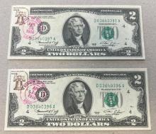 2- 1976 First Day Issue $2.00 Notes, w/ sequential serial numbers- Newark Heath Ohio Postmarks