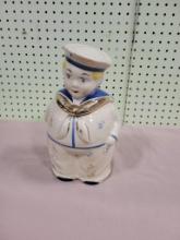 Navy Cookie Jar, see pics of backside, hairline crack but not appear to go thru to the inside