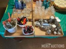 (4) Flats of Plastic Glassware, Bottle Toppers, Ttainless Mixing Glasses and Mixers