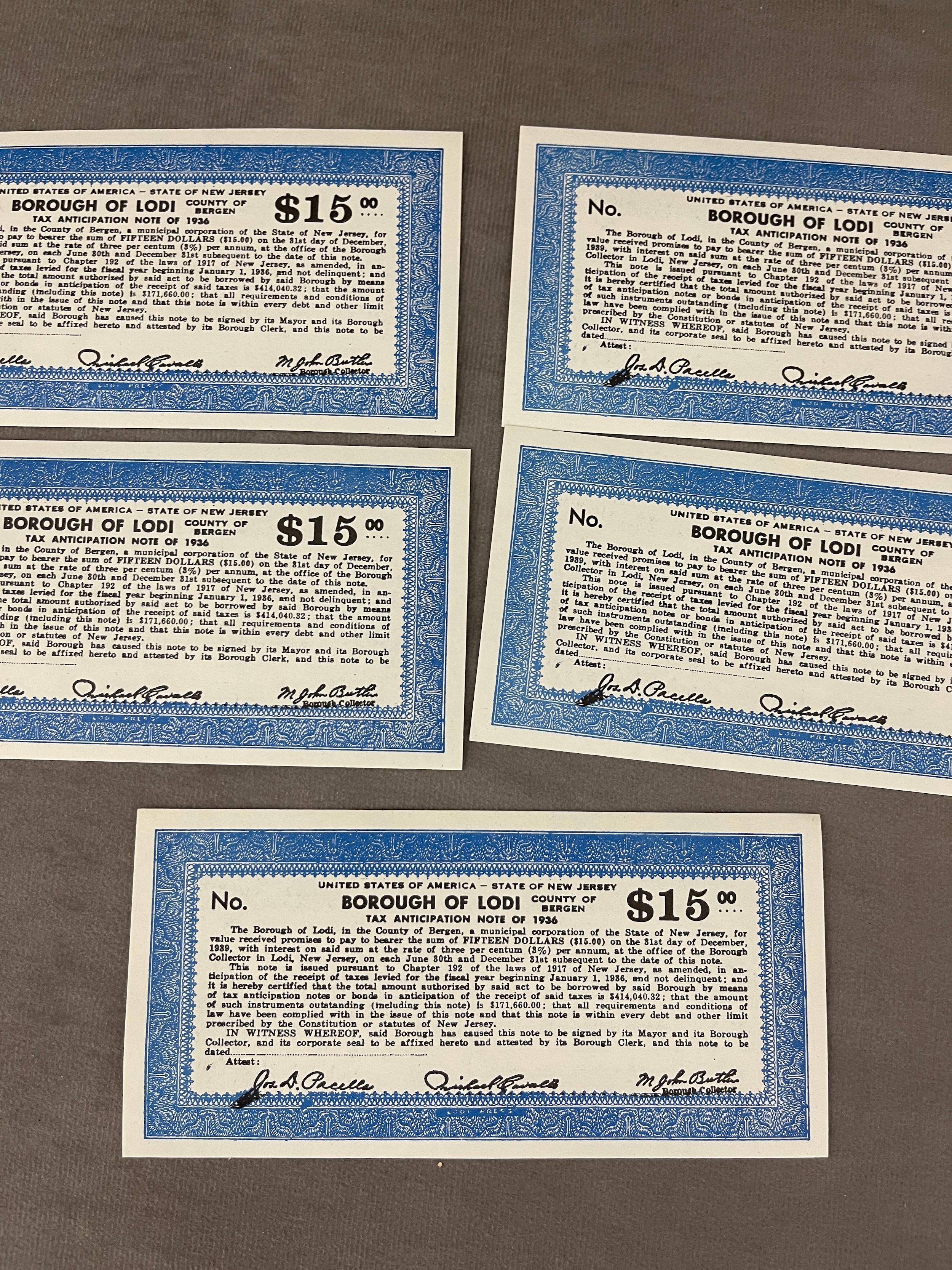 Vintage Borough of Lodi Tax Anticipation Note of 1936 Collection Lot