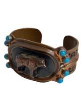 NATIVE AMERICAN INDIAN TURQUOISE CUFF BRACELET STERLING SILVER COPPER WOLF