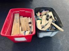 LOT - ASSORTED WOOD PIECES, & KEYS (TWO BINS) (AT PUBLIC STORAGE)