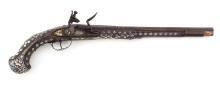 Fine Antique 18th C. French, Silver Mounted Flintlock Pistol Heavily Silver Inlaid Stock