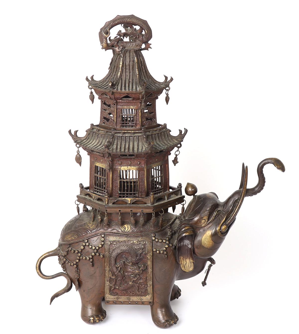 Chinese Bronze Elephant Pagoda Incense Burner
