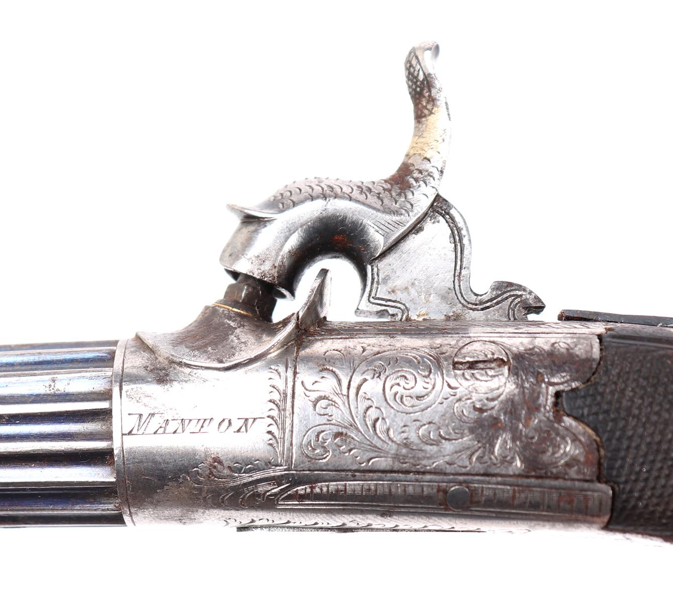 Excellent Pair of Silver, Fluted & Cased London Pistols by Manton