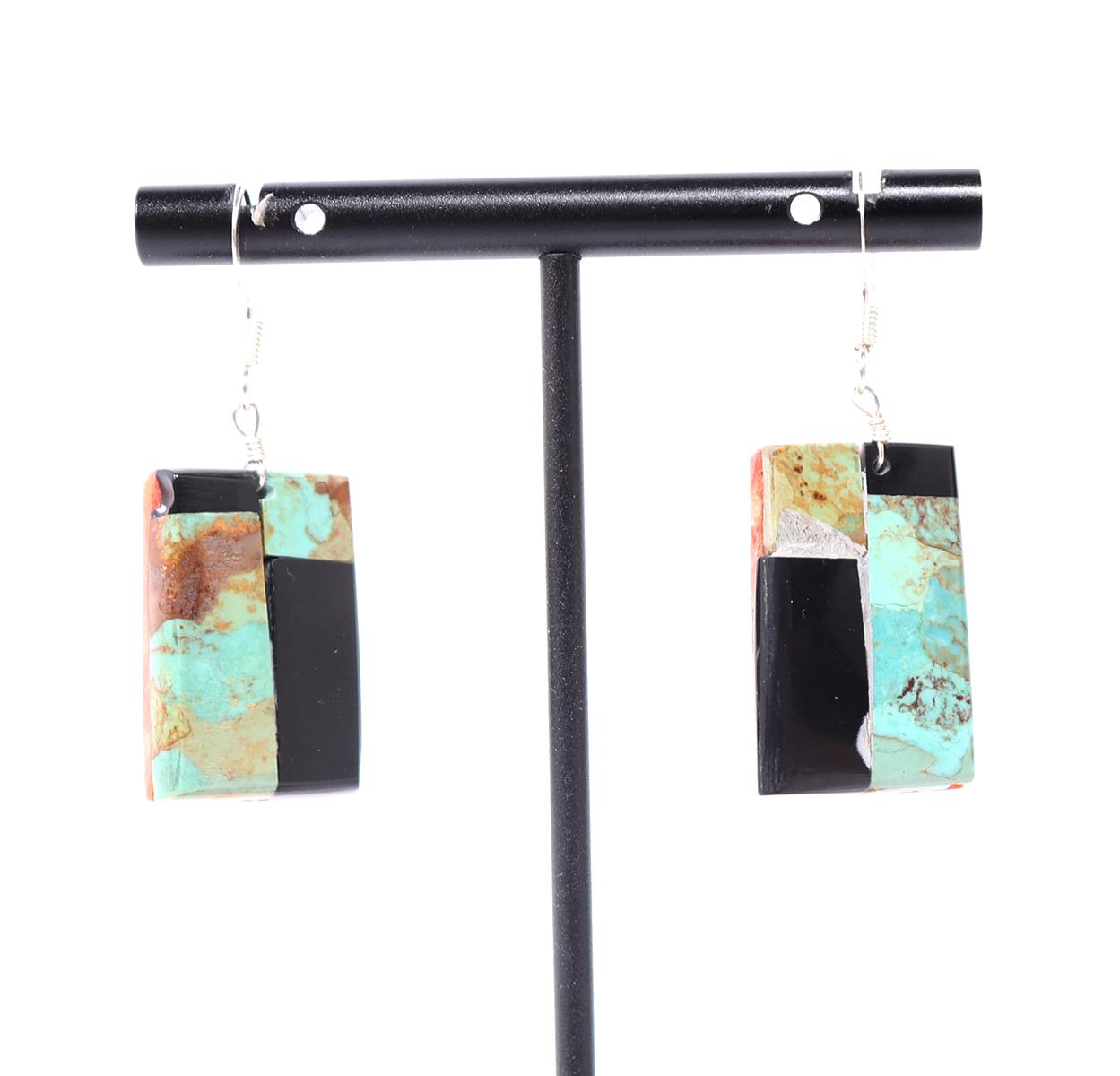 Lovely Zuni Earrings, Jet, Turquoise & Coral