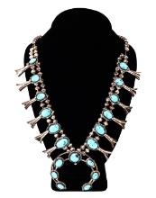Gorgeous Sterling Silver & Turquoise Turtle Squash Blossom Necklace