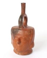 Moche Pottery Head Stirrup Vessel, 200 - 400 AD