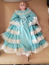 Vintage Porcelain Doll in Vintage Blue Ruffle dress