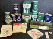 Lot 20 Texaco Early 1920s-60s Gas Station Motor Oil Cans, Greases, Pot Holder, Hang Tags & Salt Bag