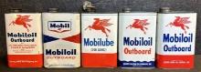 Lot of 5 Mobil Oil & Mobilube Outboard Quart Motor Oil Cans