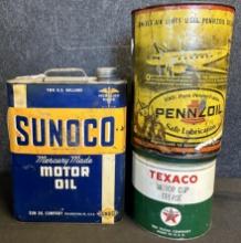 Lot 3 Motor Oil Cans: 1 5 Quart Pennzoil w/ Airplane, 2 Gallon Sunoco & 5 Lb Texaco Grease