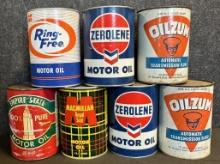Lot 7 Full NOS Composite Quart Oil Cans: MacMillan, Zerolene, Oilzum, Empire State