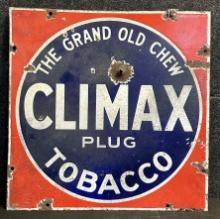 Climax Plugs Tobacco 1920s Single Sided Porelain General Store Advertising Sign