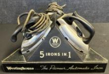 1930s-40s Westinghouse 5 Irons In 1 Triangular Tin Litho Metal Advertising Store Display
