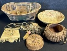 Lot 6 Misc Native American Woven Baskets, Cherokee Indian Reservation Leather Pouch & More