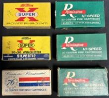 Lot 6 Full Winchester Silvertip Powerpoint & Remington 30-30 Ammo Boxes