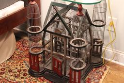 Victorian Style Wire and Wood Birdcage and Glass Top Side Table