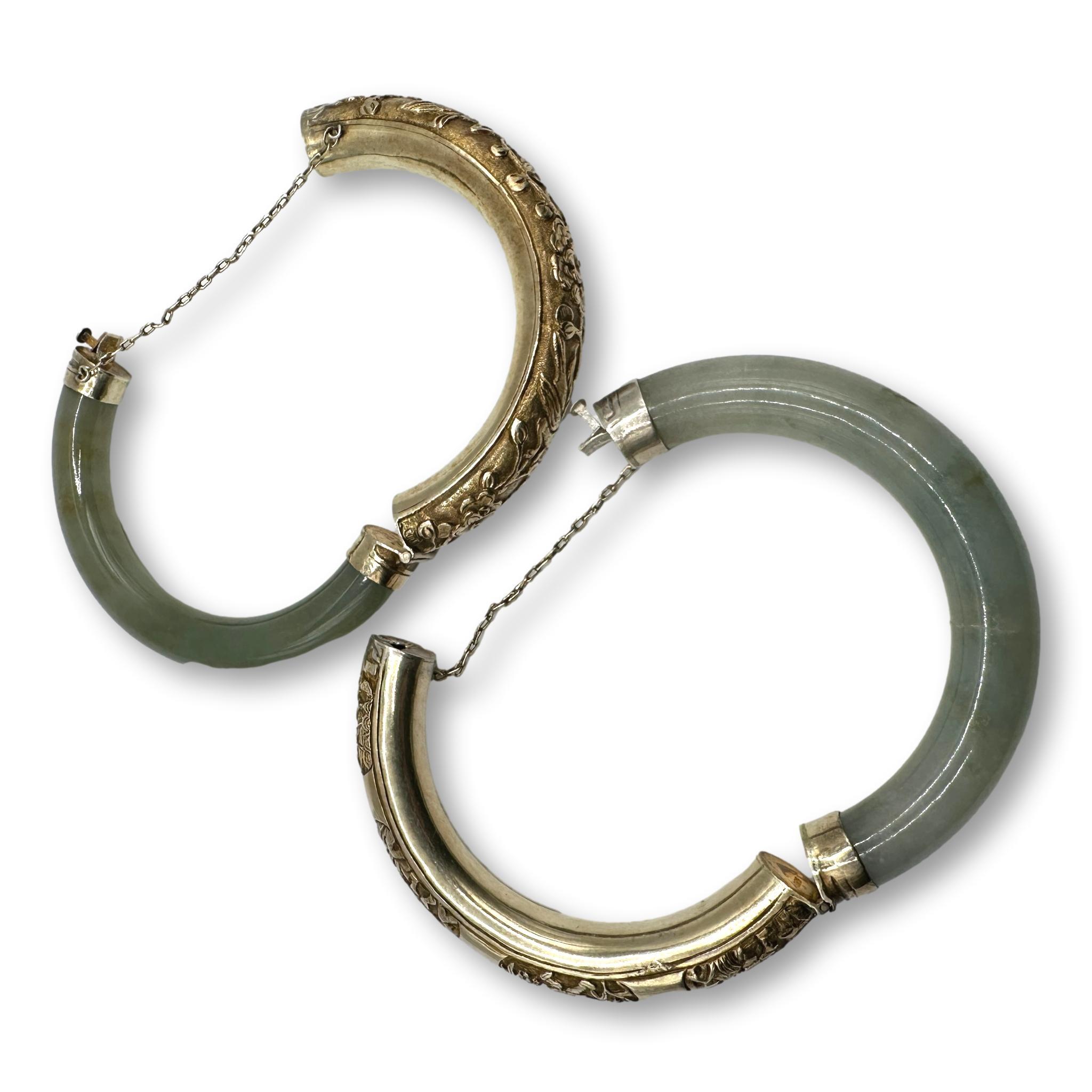 Pair of Vintage Chinese Green Jade and Vermeil Bangle Bracelets