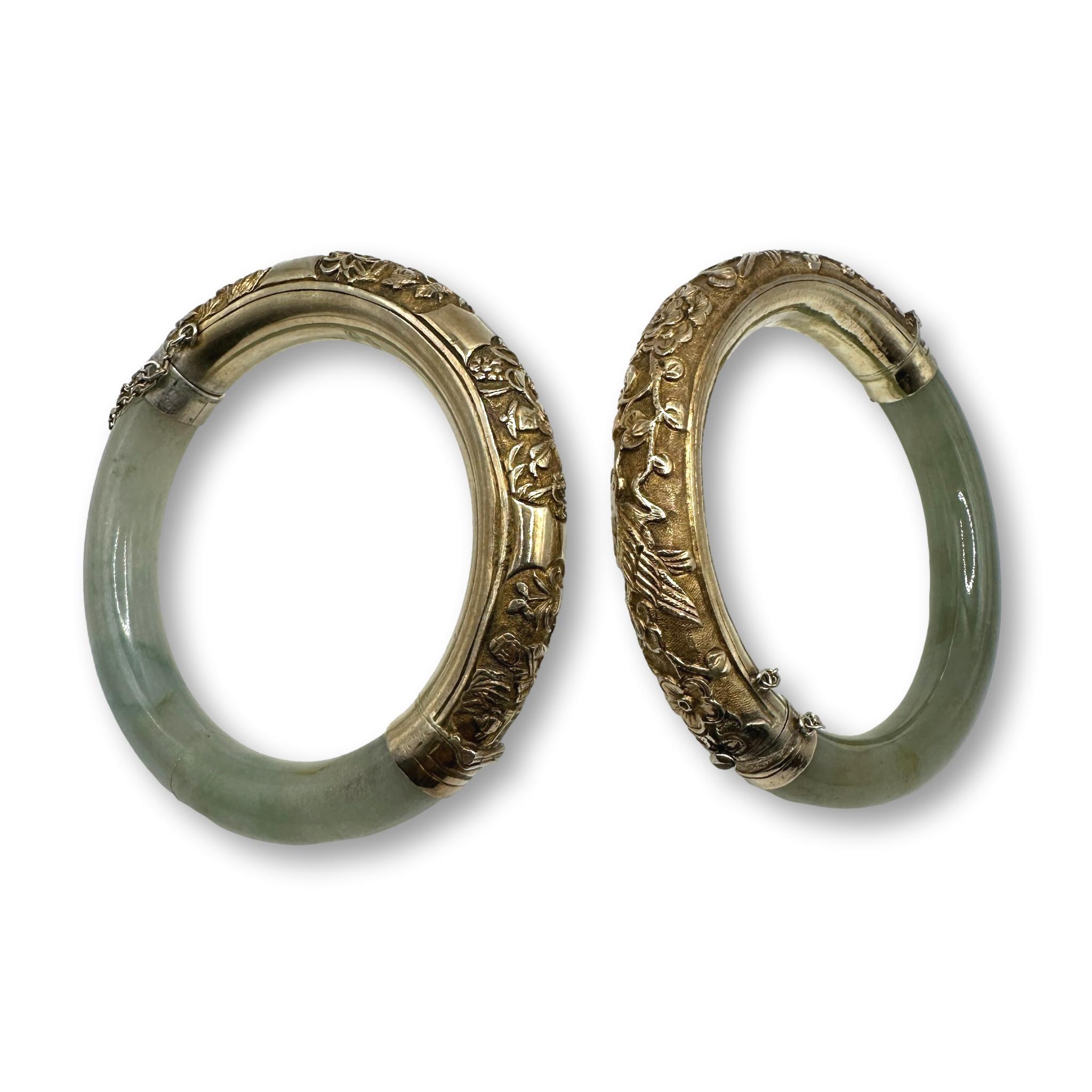 Pair of Vintage Chinese Green Jade and Vermeil Bangle Bracelets