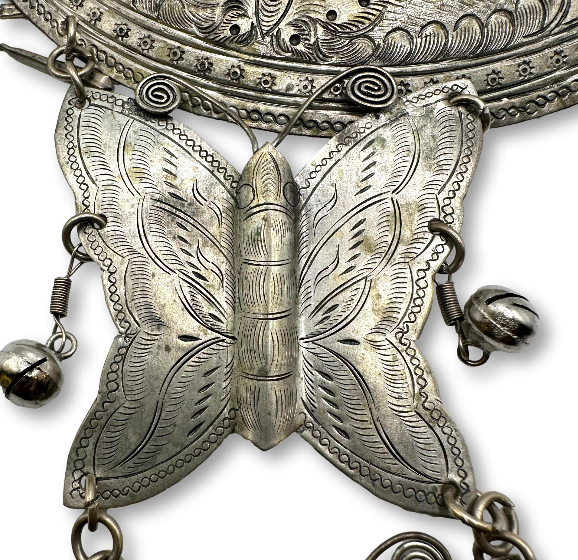 Vintage Hmong Miao Silver Alloy Tribal Butterfly Statement Necklace