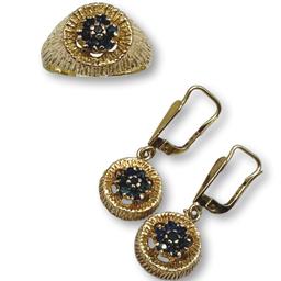 Mid Century 14K Gold Sapphire Earrings and Ring