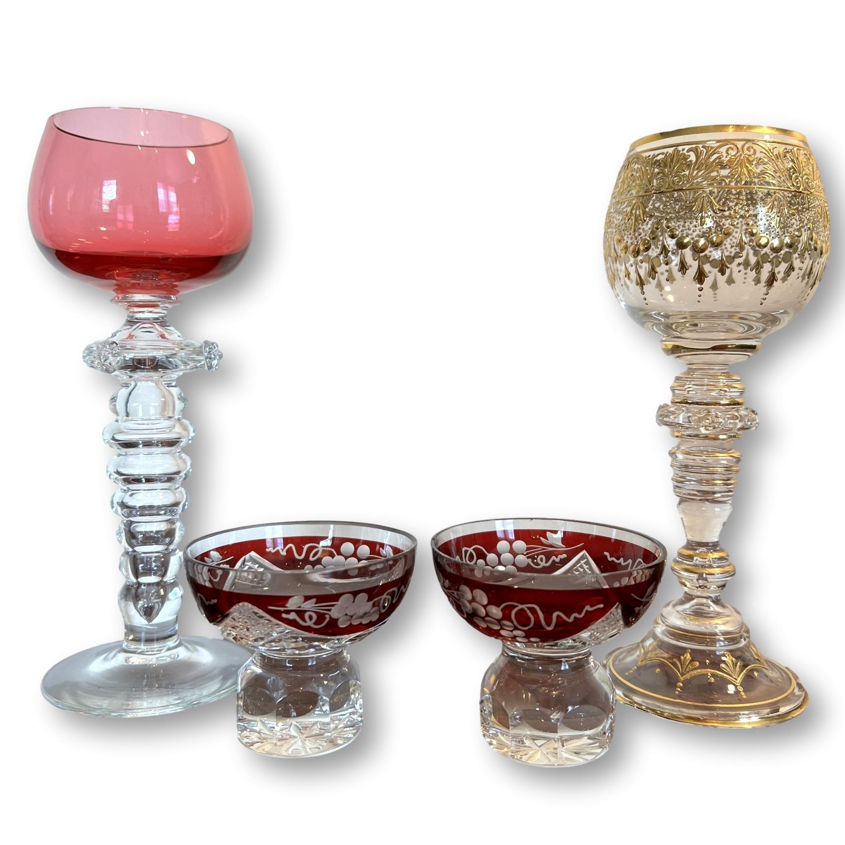 Pair of Venetian Glass and Moser Style Goblets with Two Cut-to-Clear Cordials