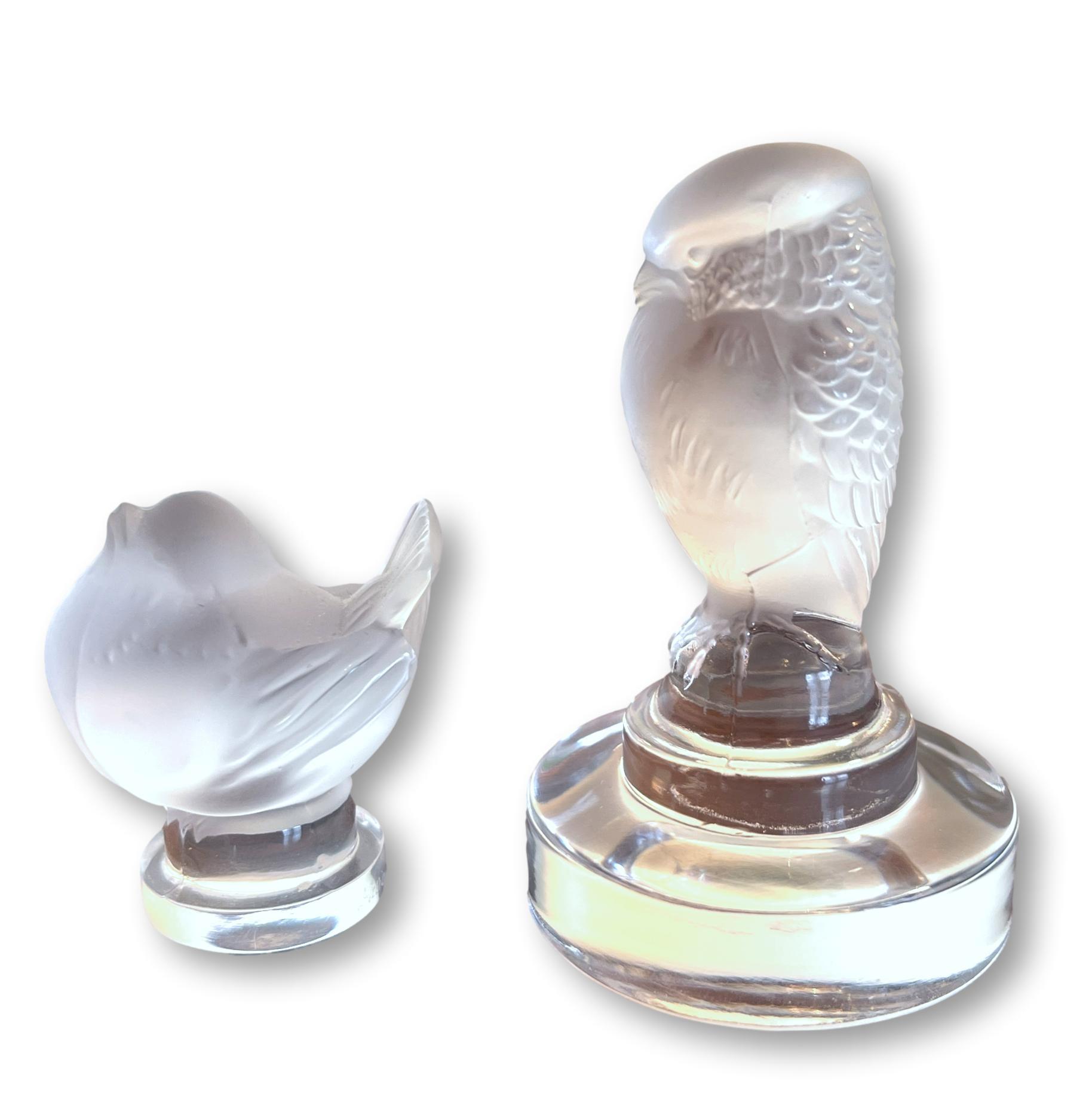 Pair of Lalique France Owl and Bird Paperweights