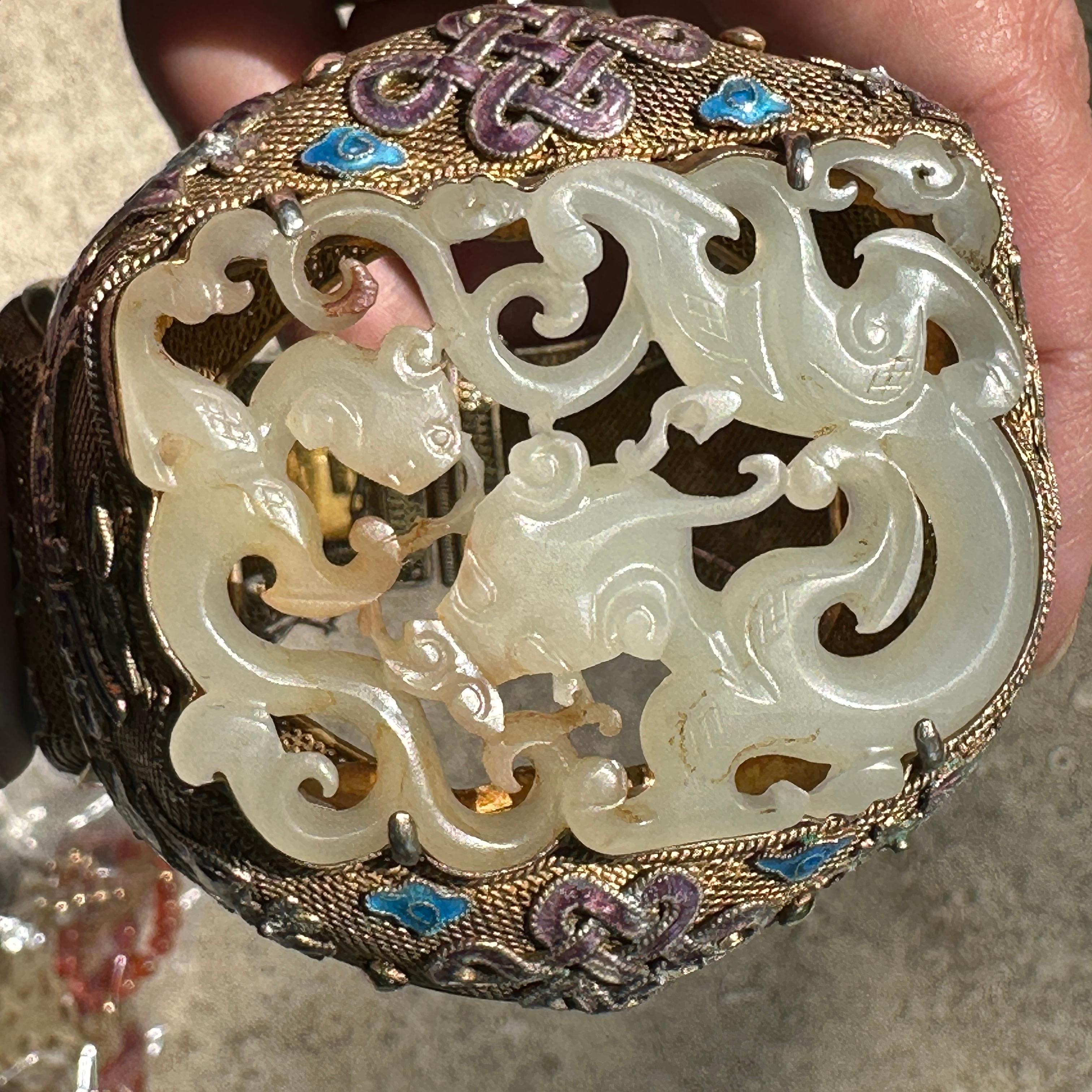 Chinese Export Silver Vermeil and Enamel Carved Jade Medallion Hinged Cuff Bracelet