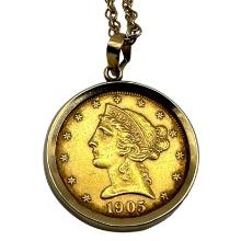 1905 Gold Coin Necklace on 14K Gold Chain