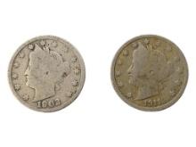 Lot of 2 Liberty V Nickels - 1902 & 1911