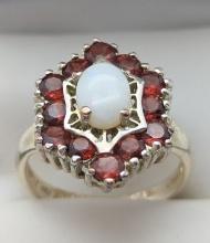 Sterling Silver White & Red Gemstone Ladies Ring - size 8.5