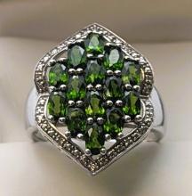 Sterling Silver with Green Gemstones Ladies Ring - size 10