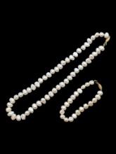 14K Gold Clasp Natural Pearl Ladies Necklace and Bracelet